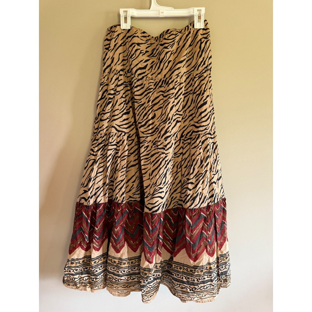 Lauren Ralph Lauren Zebra Chevron Tiered Cotton Maxi Skirt Tan Red Black Medium